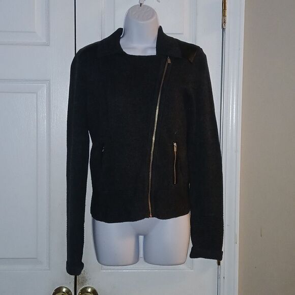 Banana Republic charcoal gray black wool blend leather patch cardigan  Sz M - Picture 1 of 7